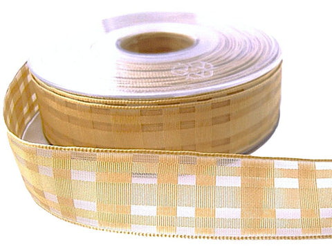 25mm Honey Gold Grosgrain & Sheer Check Wire Edge Ribbon | Berisfords