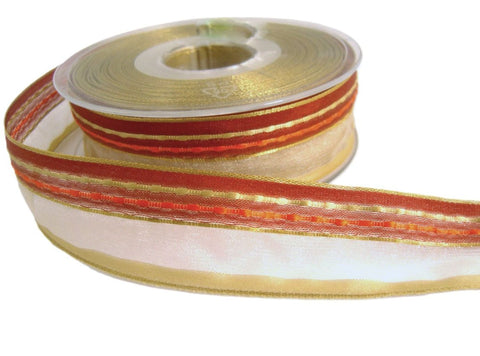 26mm Honey Gold Sheer Ribbon with Rust & Gimp Stitch Stripes