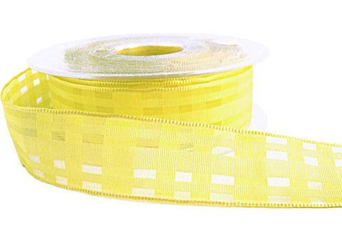 25mm Lemon Grosgrain & Sheer Check Wire Edge Ribbon | Berisfords