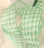 Meadow green and white sheer nylon traditional gingham ribbon. 25mm width.