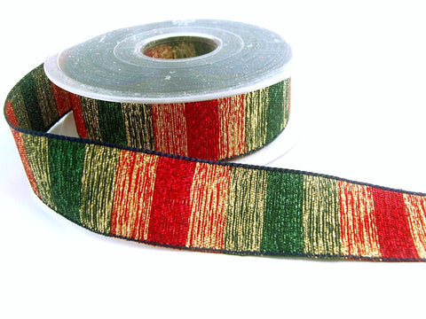 25mm Scarlet Berry, Green, Gold & Navy Metallic Banded Ribbon