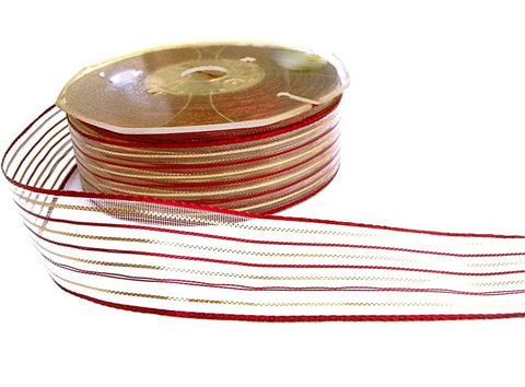 27mm Sheer Ribbon with Thin Metallic Gold & Red Stripes
