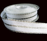 25mm white glitter satin ribbon with silver metallic edges and centre stripe 