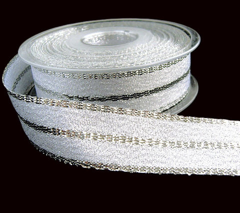 25mm white glitter satin ribbon with silver metallic edges and centre stripe 