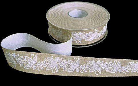 | 25mm Beige & White Flowery Print Rustic Taffeta Ribbon | Berisfords