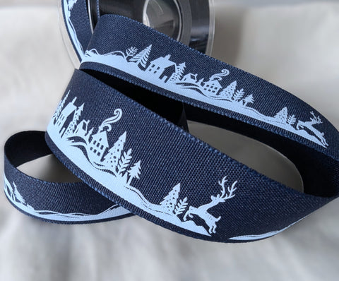 R8429 25mm Navy Rustic Taffeta Christmas Print Ribbon Berisfords