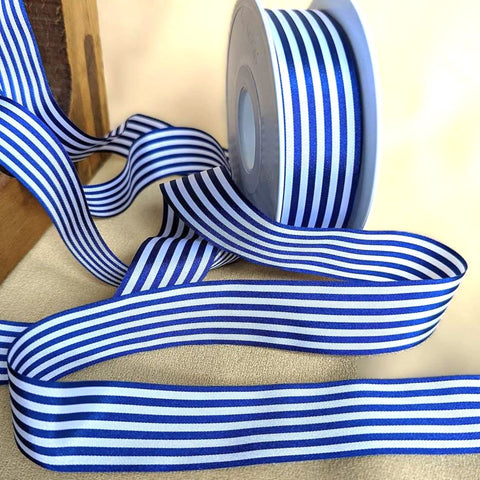 25mm royal navy blue and white striped soft touch taffeta ribbon.