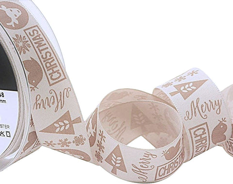 25mm beige and Oatmeal Berisfords Printed Christmas Motif Ribbon. Rustic Polyester Taffeta with a cotton look and feel.