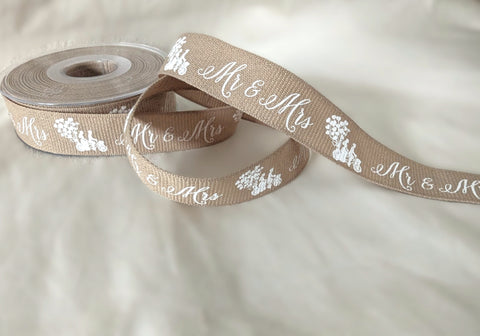 Berisfords 25mm Oatmeal “Mr & Mrs” Wedding Print Hopsack Ribbon