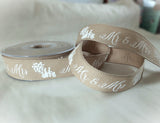 Berisfords 25mm Oatmeal “Mr & Mrs” Wedding Print Hopsack Ribbon