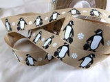 R9396 25mm Oatmeal Penguins Rustic Taffeta Ribbon by Berisfords