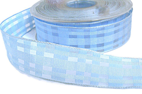 25mm Pale Blue Grosgrain & Sheer Check Wire Edge Ribbon | Berisfords