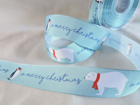 R9466 27mm Blue A Merry Christmas-Polar Bear-Penguin Printed Ribbon