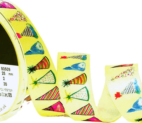 25mm Lemon-Multi Clown Hats Printed Satin Ribbon by Berisfords