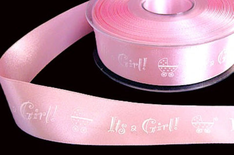25mm Pale Pink It's a Girl! & Pram Printed Satin Ribbon | Berisfords