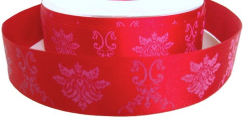 25mm Red Satin Ribbon with a Hot Pink Subtle Flowery Print