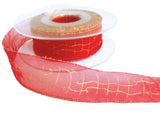 25mm red organza ribbon with metallic gold tinsel edges & abstract check print.
