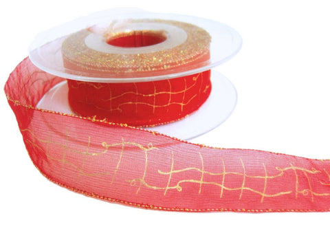 25mm red organza ribbon with metallic gold tinsel edges & abstract check print.