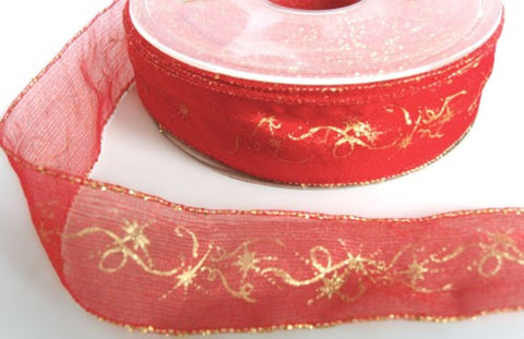 25mm red organza ribbon with metallic borders and Christmas spiral print.