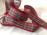 1"-inch width red and green tartan plaid ribbon with thin gold metallic stripes. 