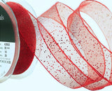 25mm red wire edge sheer ribbon with random glitter.