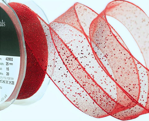 25mm red wire edge sheer ribbon with random glitter.