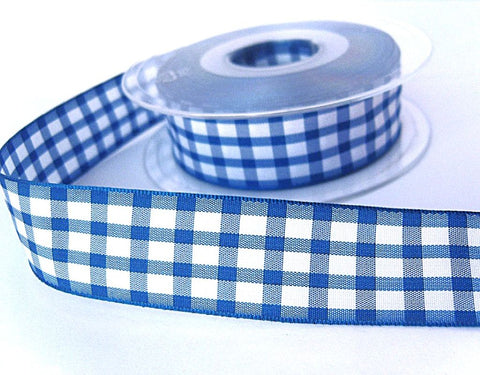 25mm Royal Blue & White Bold Check Gingham Ribbon 