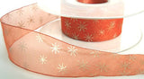 25mm rust-organza ribbon with a metallic gold Christmas stars print.