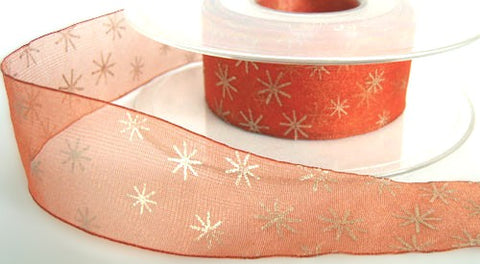25mm rust-organza ribbon with a metallic gold Christmas stars print.