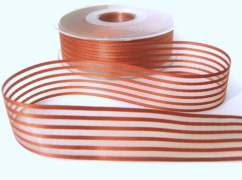 25mm rust sheer organza and polyester satin striped ribbon.