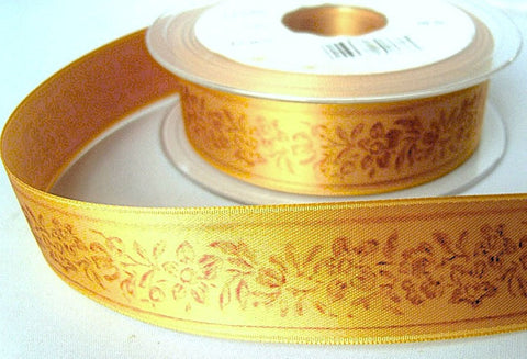 25mm Old Gold Satin Ribbon with a Tonal Floral Print | Berisfords