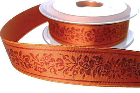 25mm Rust Satin Ribbon with a Tonal Floral Print | Berisfords