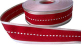 Scarlet berry red and beige centre gimp stitch ribbon, 25mm wide, 10 metres.