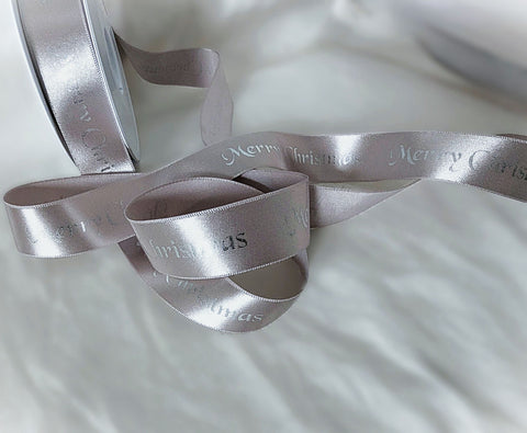 R9905 25mm Grey Satin Ribbon-Silver Merry Christmas Print-Berisfords