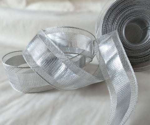 R2745 25mm Metallic Silver Lurex Ribbon with Translucent Mesh Borders