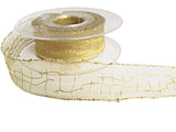 25mm straw organza ribbon with metallic gold tinsel edges & abstract print.