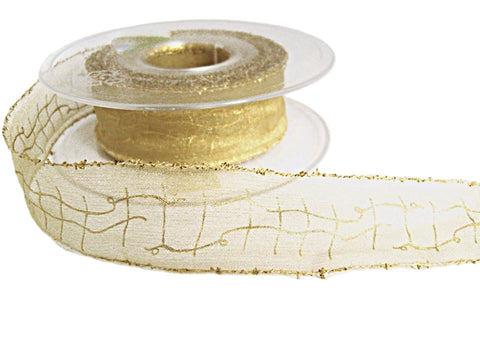 25mm straw organza ribbon with metallic gold tinsel edges & abstract print.