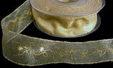 25mm Straw Organza Ribbon with Metallic Gold Edges & Festive Print