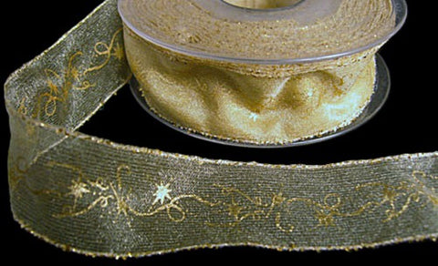 25mm Straw Organza Ribbon with Metallic Gold Edges & Festive Print