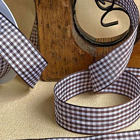 25mm Brown & White Traditional Gingham Ribbon | Berisfords