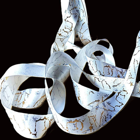 25mm White Satin Ribbon with Metallic Marble Print | Berisfords