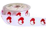 26mm White & Red Love Heart Design Ribbon. Wire Edge