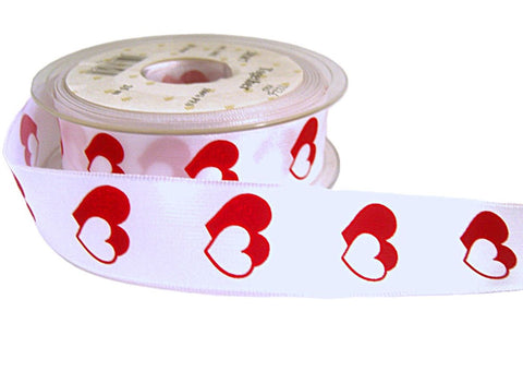 26mm White & Red Love Heart Design Ribbon. Wire Edge