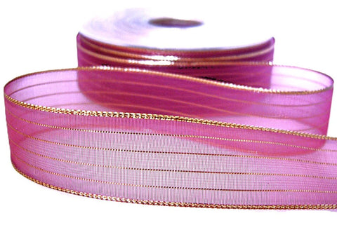 25mm Pale Wine Organza Ribbon with Gold Metallic Stripes | Berisfords