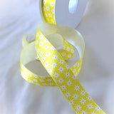 Berisfords daisy print satin ribbon in yellow, great for gift wrapping, wedding favours, and hair bows