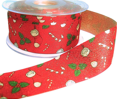 35mm Red & Multi Christmas Print Glitter Satin Ribbon by Berisfords