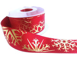 35mm red satin ribbon with a metallic gold snowflake pattern 