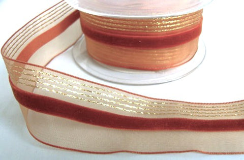 36mm Rust & Metallic Gold Sheer Ribbon with a 8mm Velvet Stripe
