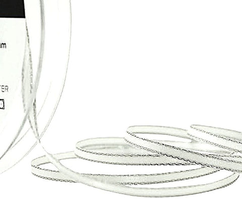 3mm Bridal White Satin Ribbon with Silver Metallic Edge | Berisfords 419