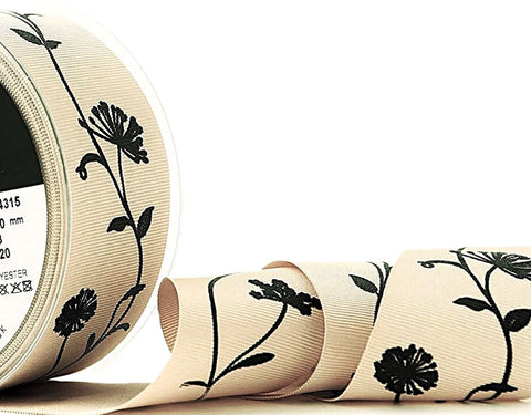 40mm Antique Cream & Black Grosgrain Floral Print Ribbon | Berisfords